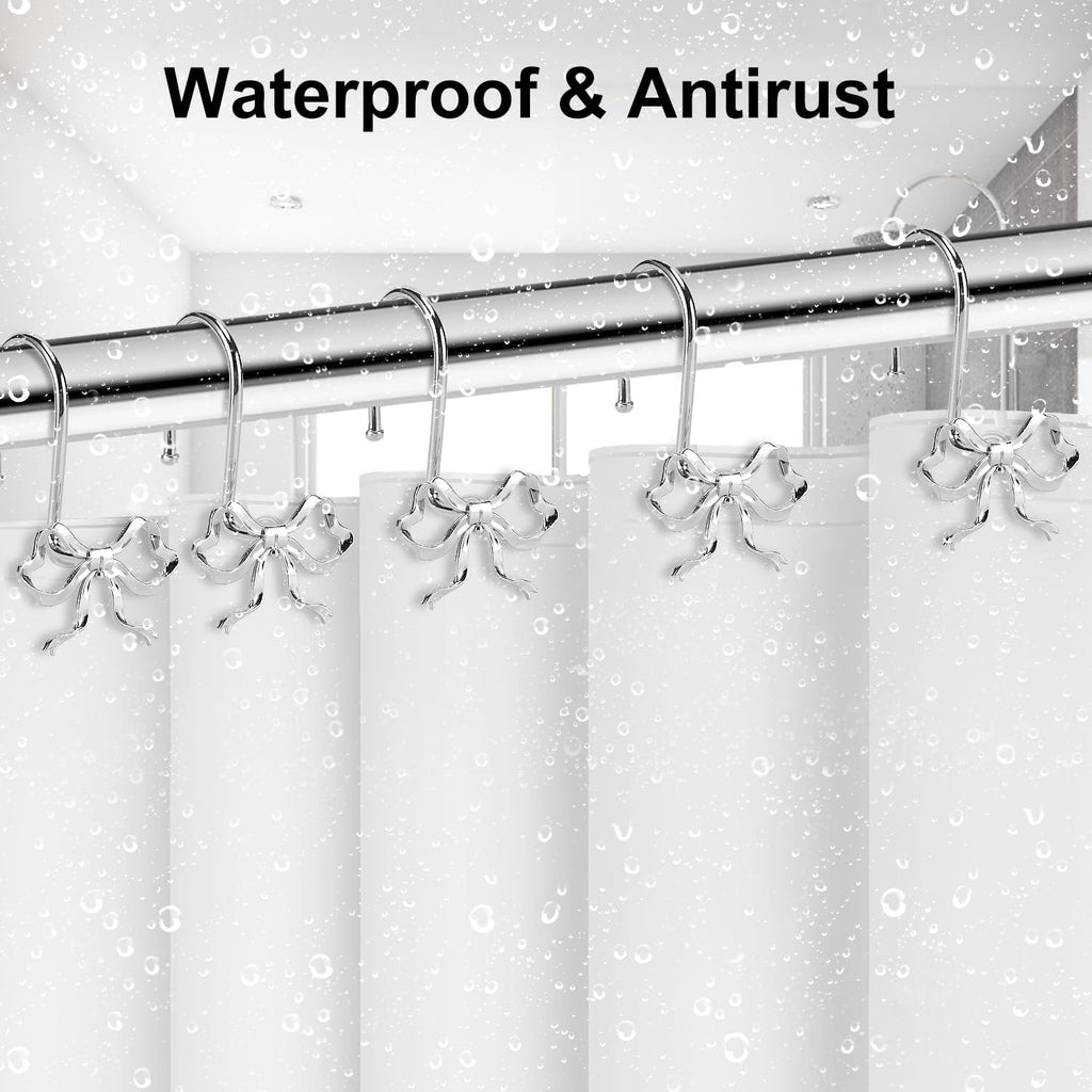 Bow Shower Curtain Hooks, 12-Pack Silver Metal Decorative Bow Knot Rings