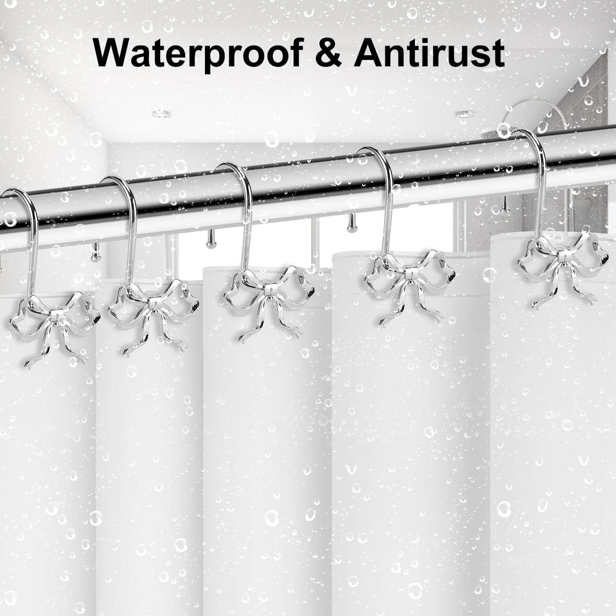 Bow Shower Curtain Hooks, 12-Pack Silver Metal Decorative Bow Knot Rings