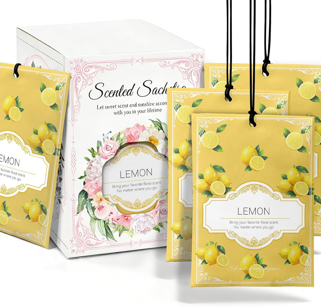 Lemon Sachets for Drawers and Closets - 12 Pack Long Lasting Odor Eliminator Bags, Natural Fresh Scent for Wardrobe, Storage, Car & Home, Air Freshener Sachets