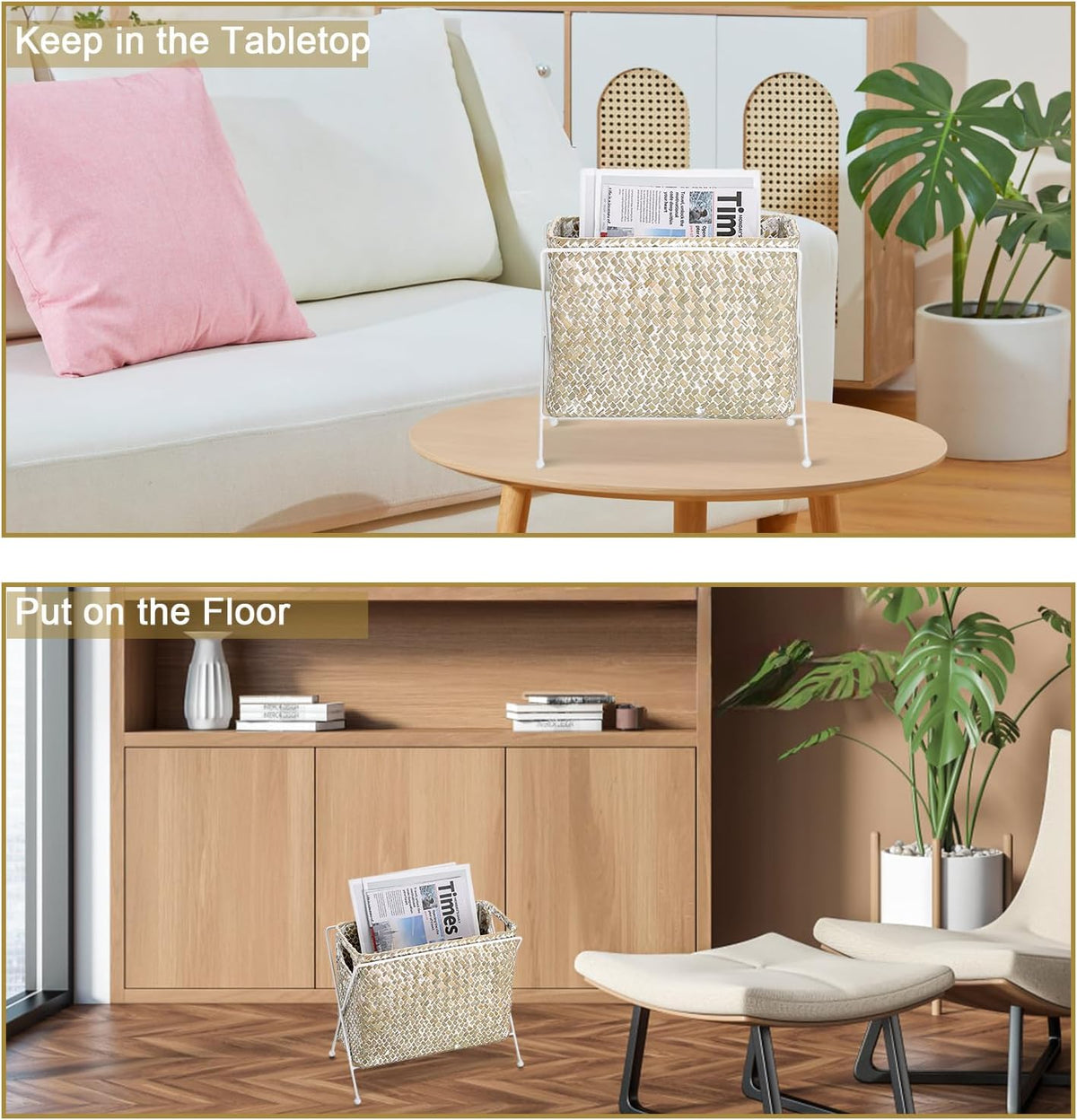 BTSKY Handwoven Magazine Holder, Natural Seagrass Magazine Basket with Metal Rack, Mail Holder Floor Organizer for Office, Living Room, Dorm, Bathroom, Woven Rattan File Basket with Handle (White)