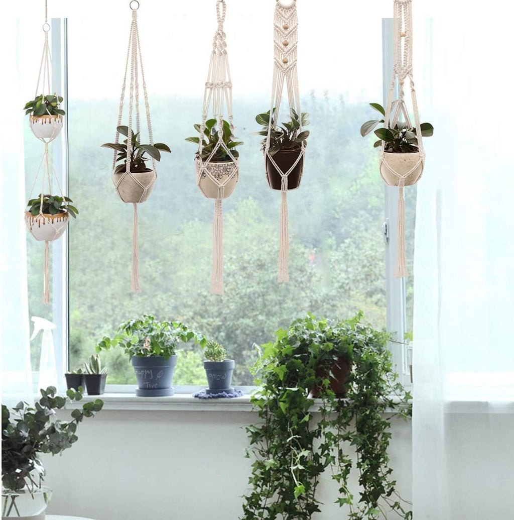 Macrame Plant Hangers Handmade Cotton Rope Flower Pot Holder Boho Theme Indoor Outdoor - Pack of 5 with Ceiling Hooks