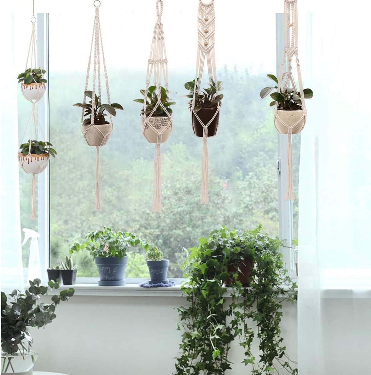 Macrame Plant Hangers Handmade Cotton Rope Flower Pot Holder Boho Theme Indoor Outdoor - Pack of 5 with Ceiling Hooks