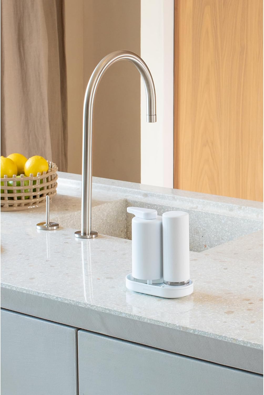 Brabantia - SinkStyle Soap Dispenser Set with 2 Stylish Dispensers for Hand and Dish Soap, Textured Tray, and Soap Squeezer – Mineral Fresh White, 2 x 6.8oz
