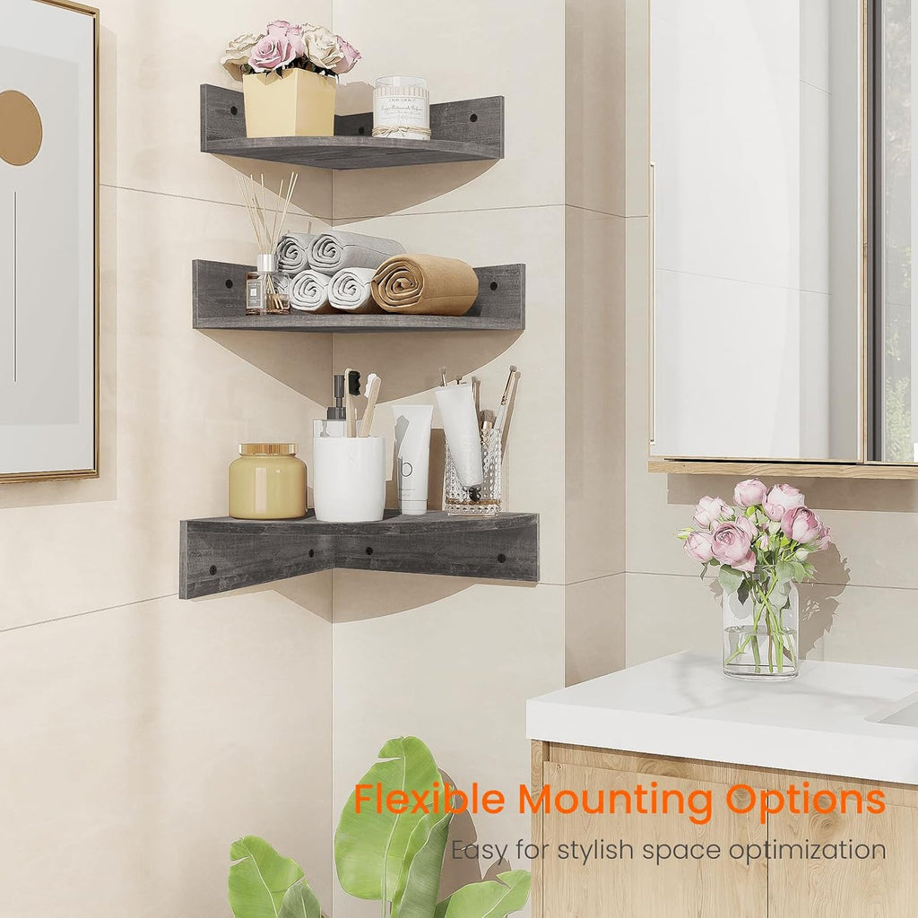 Homode Corner Floating Shelves, Set of 3 Corner Wall Shelves for Storage and Display, 3 Tier Wood Hanging Shelf Organizer for Cable Box, for Bedroom, Bathroom, Kitchen, Rustic Grey