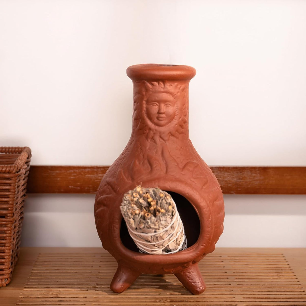 MOUGIGI Sun Face Terracotta Palo Santo Holder,Mini Chiminea Incense Burner