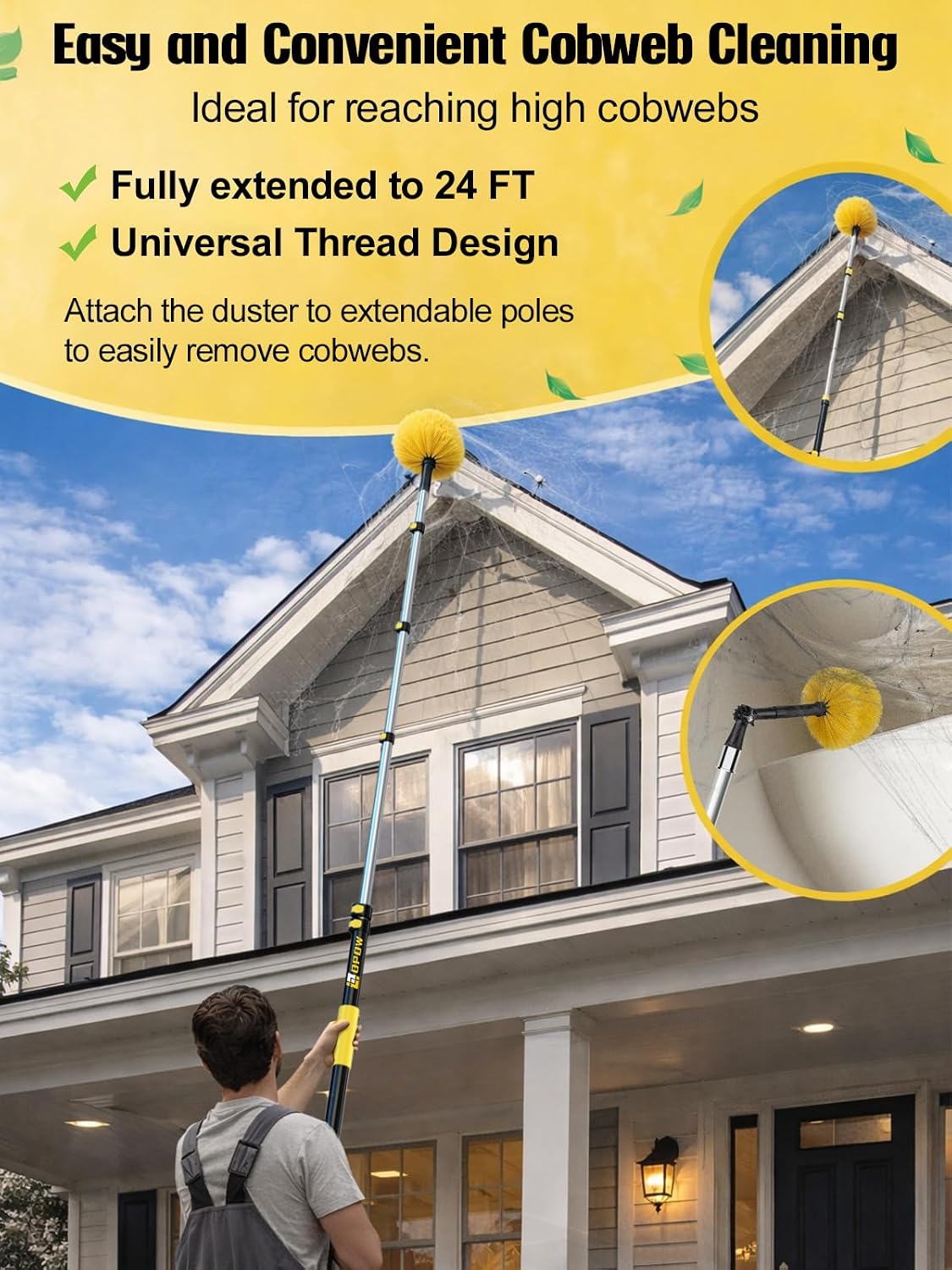 30ft High Reach Cobweb Duster with 6-24ft Extension Pole and 2 Brush Heads