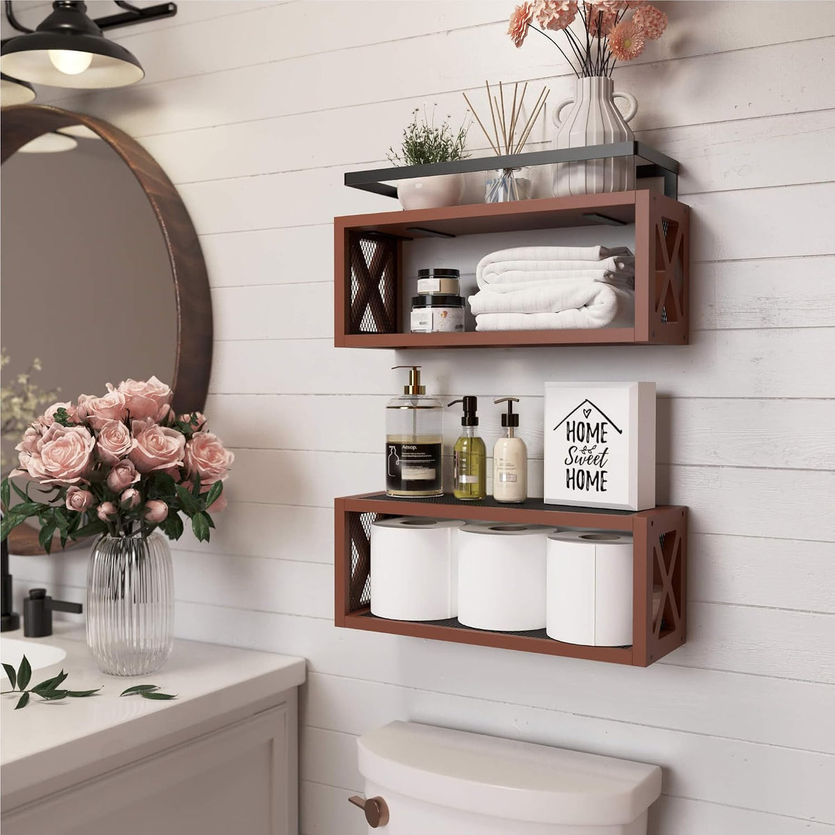 RICHER HOUSE Floating Wood Shelves with Guardrail, Rustic Brown, Wall Mounted, 2 Shelves, Farmhouse Style