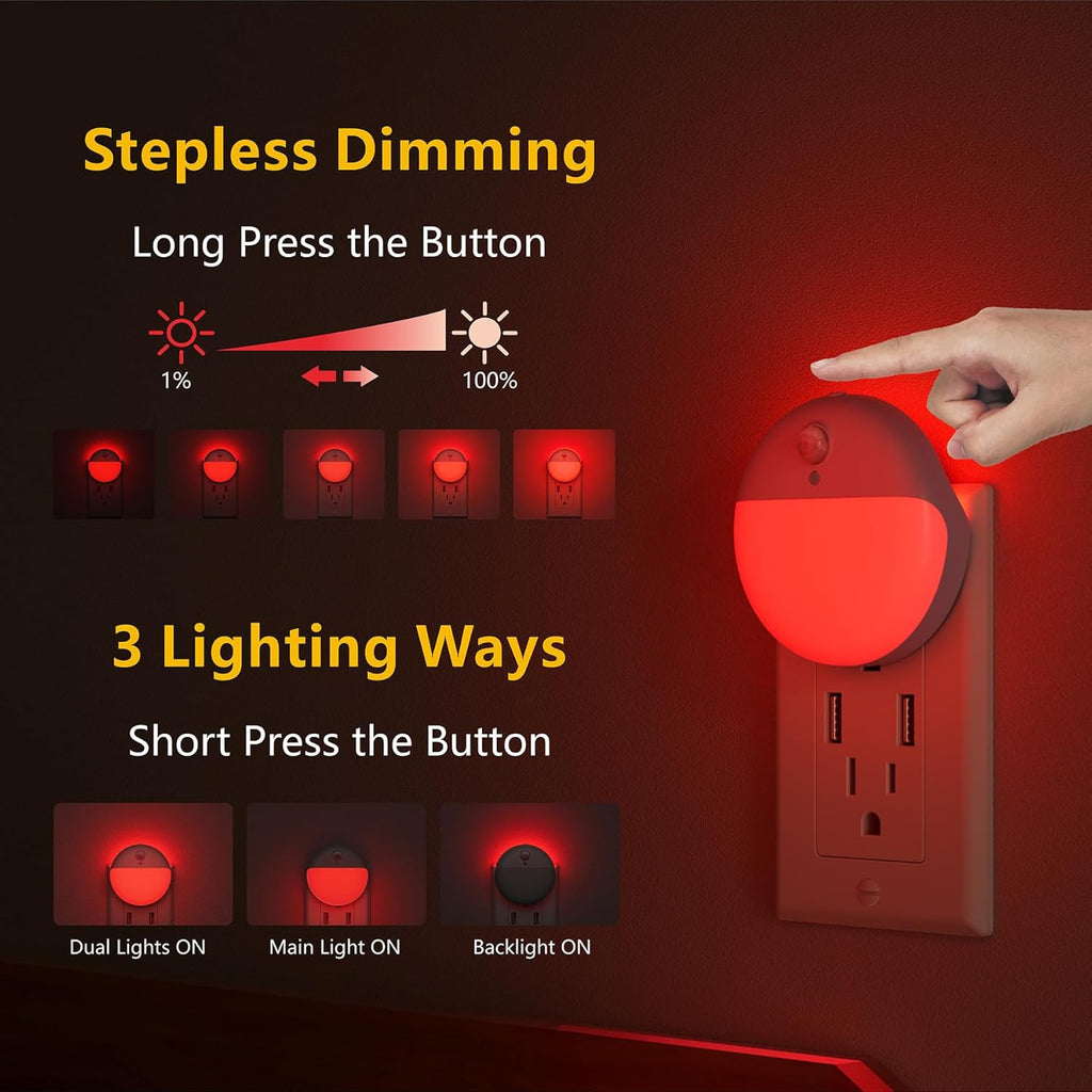 YUNLEX Red Night Lights Motion Sensor, Dimmable Plug in Nightlight, 2 Pack