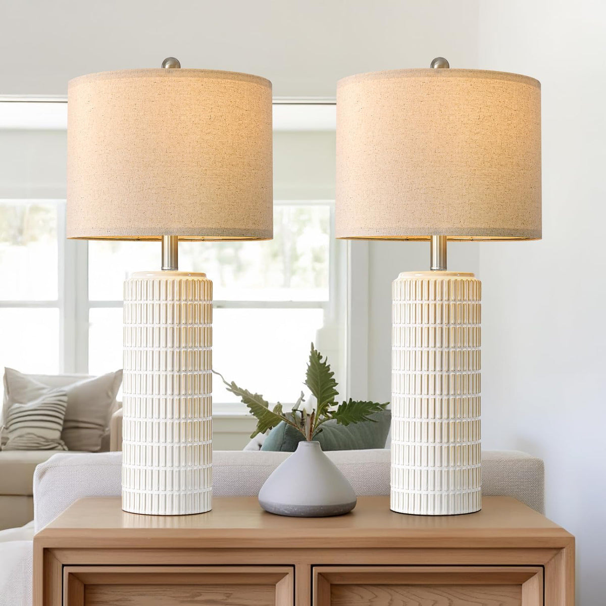 PoKat 27.5'' Tall Table Lamps for Living Room Set of 2, Ceramic Bedroom Lamps for Night Stands, Modern Bedside Lamps for Bedroom Living Room, Nightstand Lamps for End Table, Hallway, Gold and White