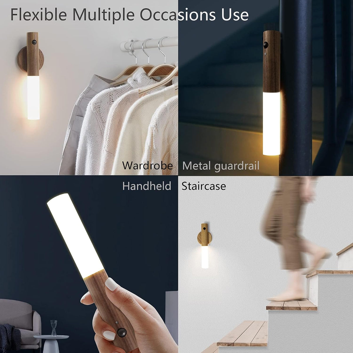 Night Light Motion Sensor Light Indoor Led Magnetic Portable Lamp No Plug USB Charge Wall Lamp for Hallway Bedroom Wardrobe Table Stairwell Cabinet Kitchen etc,Walnut