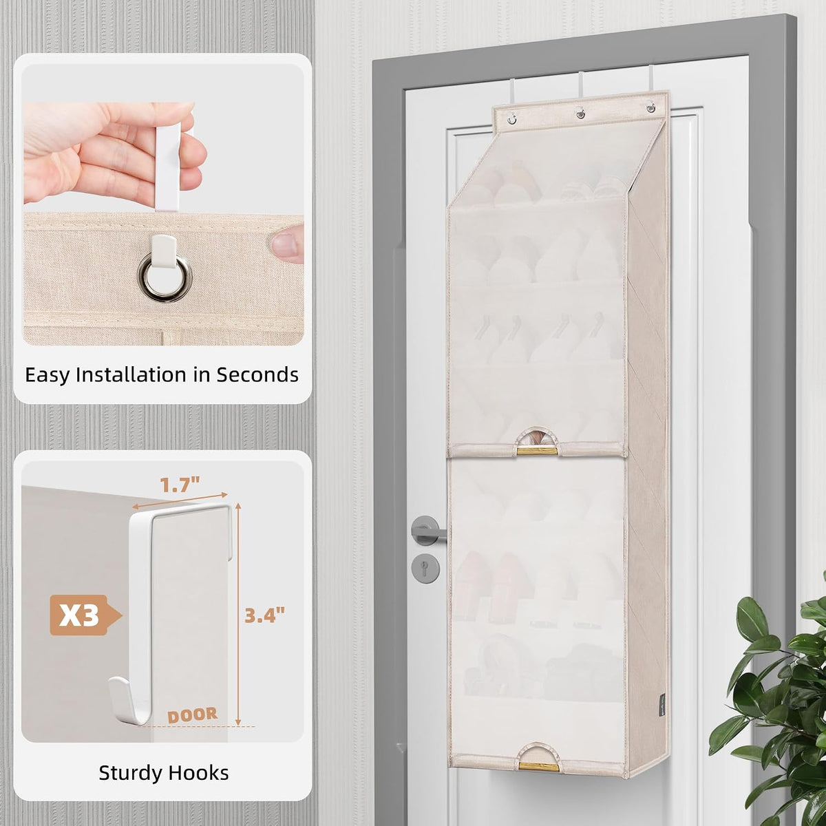 STORAGE MANIAC Over the Door Shoe Organizer with Curtain Dustproof Heavy-Duty Large Deep Pocket Hanging Shoe Organizer for Closet Dorm & Narrow Door Storage Shoe Holder Shoe Rack, 7-Shelf Beige 1 Pack