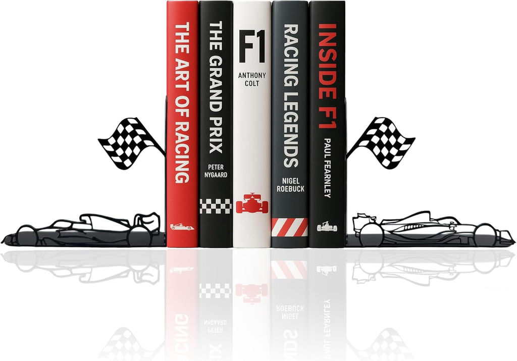 F1 Bookends – Metal Decorative Book Ends for Shelves, Racing Car Decor, Cute & Unique Bookshelf Accessories, Desk Accessories, Book Stopper