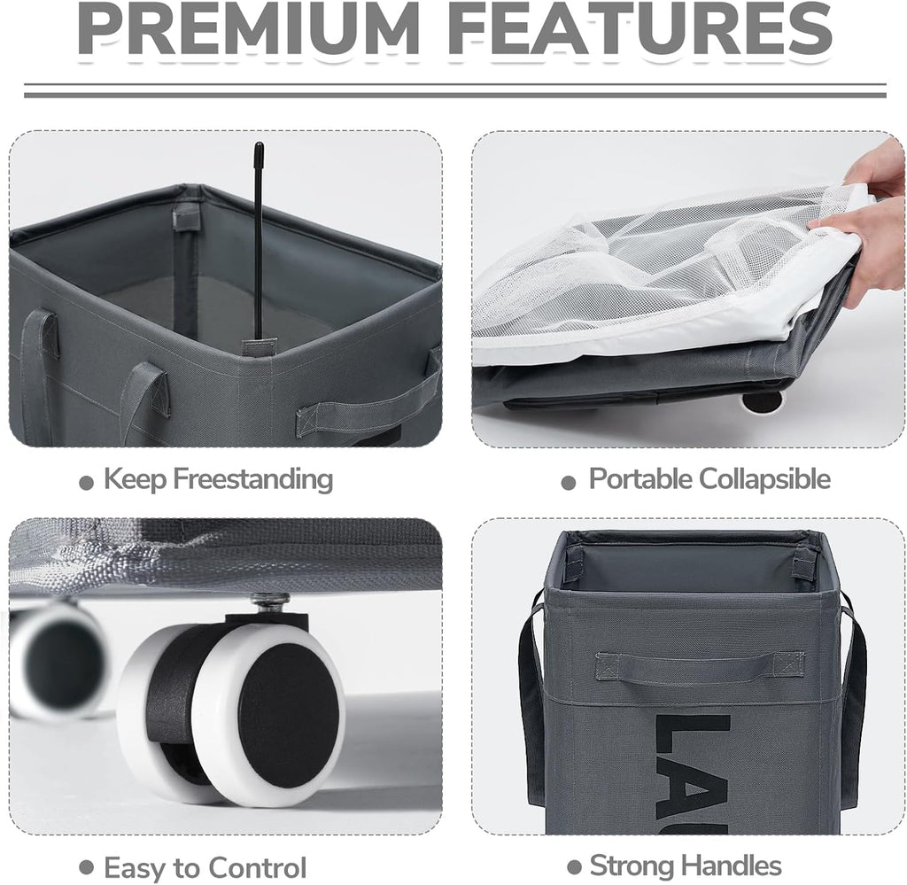 CHICVITA 75L Rolling Laundry Basket with Wheels 2-Pack, Wash Bags, Grey