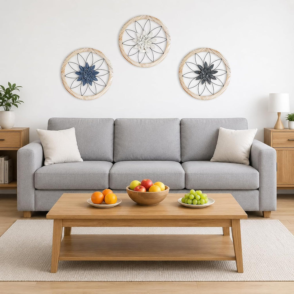 Paquesta 3 Piece Round Farmhouse Wall Decor with 6 Piece Interchangeable Flowers 15.75'' Medallion Wood & Metal Rustic Wall Art for Living Room Bedroom Kitchen Bathroom Dining Room Home Decorations (large black wheel)