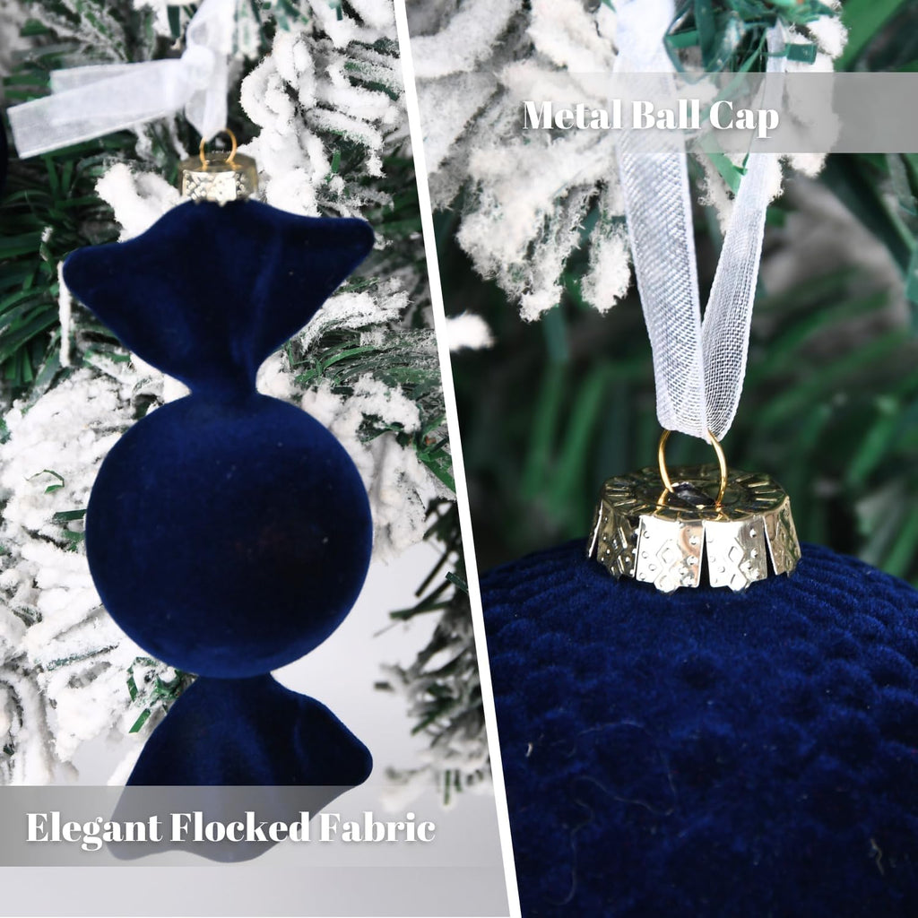 Velvet Ornaments for Christmas Tree Decorations - Navy Blue Flocked Christmas Ornament Set for Winter Holiday Decor - Shatterproof Xmas Balls Ornaments Bulk - Pack of 24