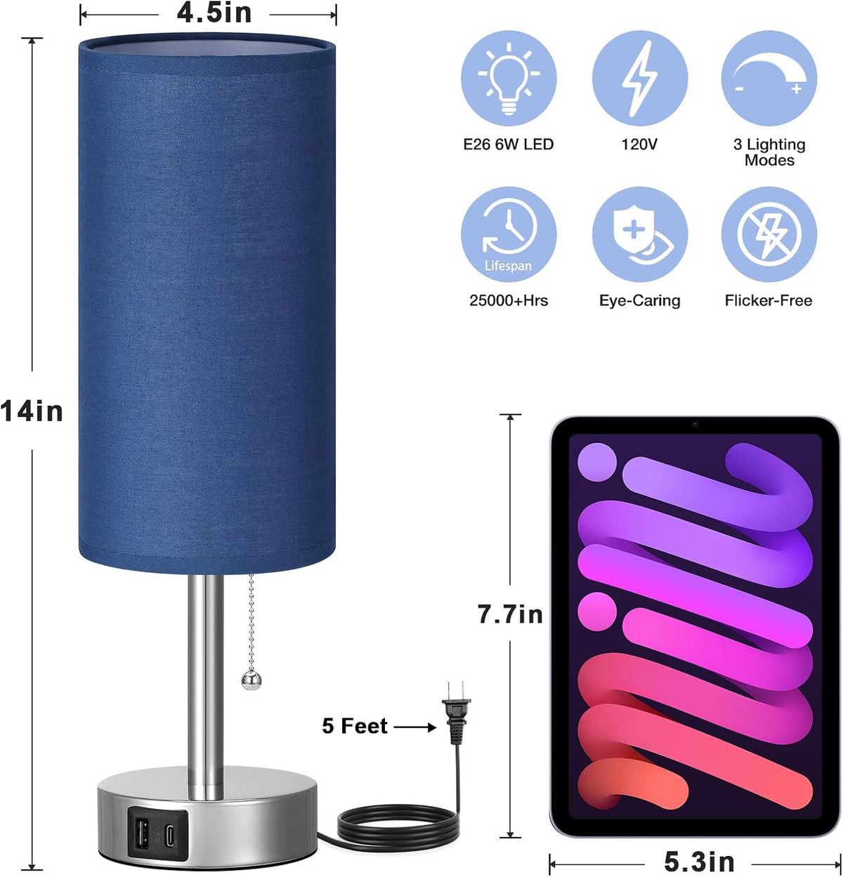 Blue Bedside Table Lamp for Bedroom - Small Nightstand Lamp for Girls