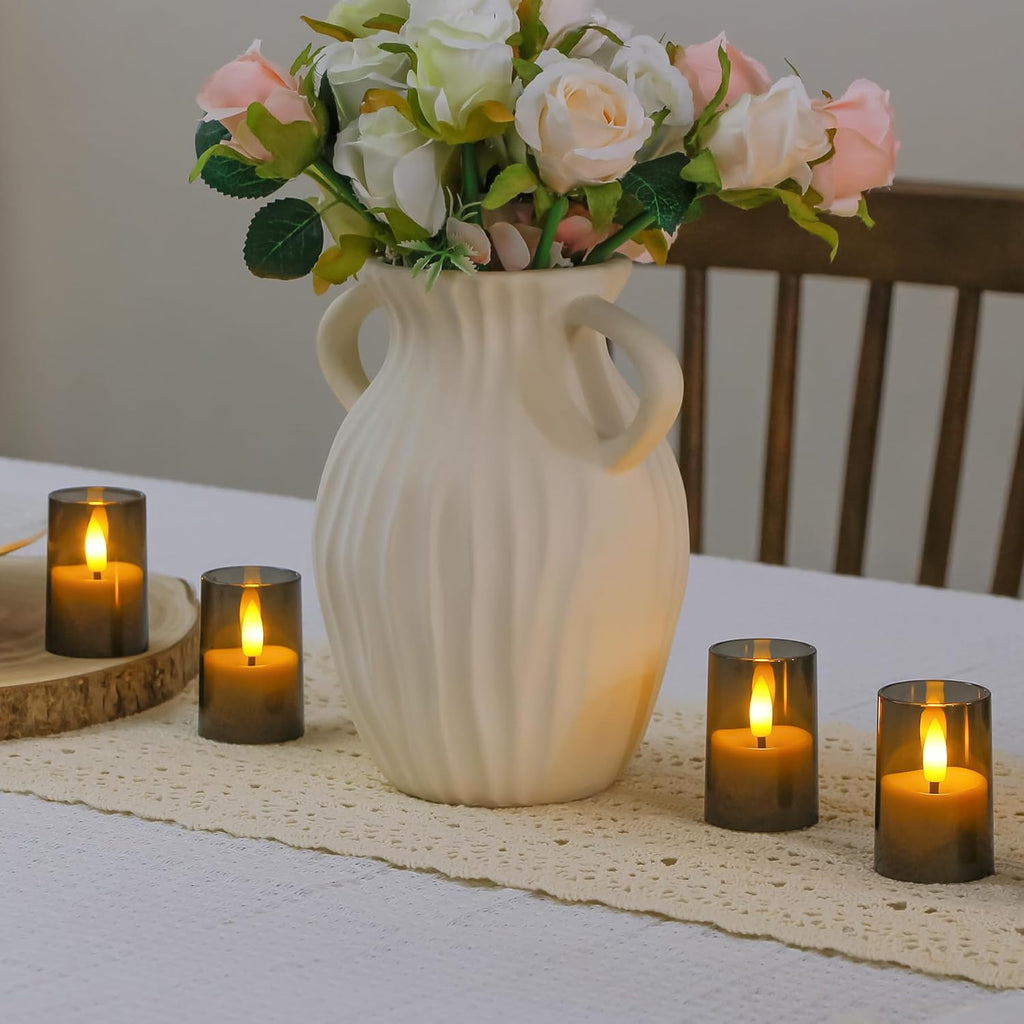 Flameless D: 1.7" H: 2.5" Small Tea Light LED Candles, Acrylic Battery Operated Votive with Remote Control and Timer, Tealight Grey Flickering Warm Light Pack of 15 Electric Long Lasting