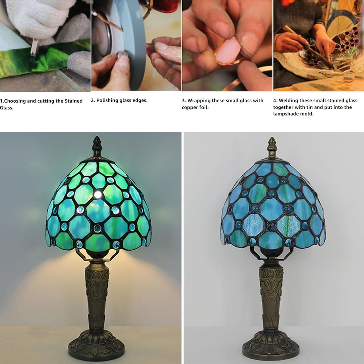 Tiffany Style Small Table Lamp,Green Beads Stained Glass 3 Color Temperature Antique Table Lamps,Bedside Nightstand Lamp for Bedroom,Living Room,Home Office+LED Bulb,6X6X12.5Inch