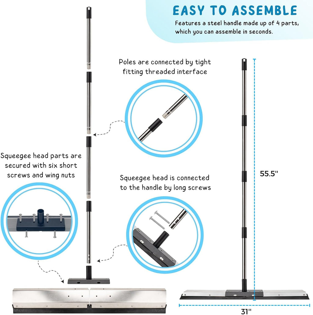 Floor Squeegee for Concrete Water Removal, 31'' Large Heavy Duty Water Pusher with Splash Guard for Garage, Deck, Driveway, Pool, Patio, Tile, 55.5’’ Long Handle Commercial Outdoor Rubber Squeegees