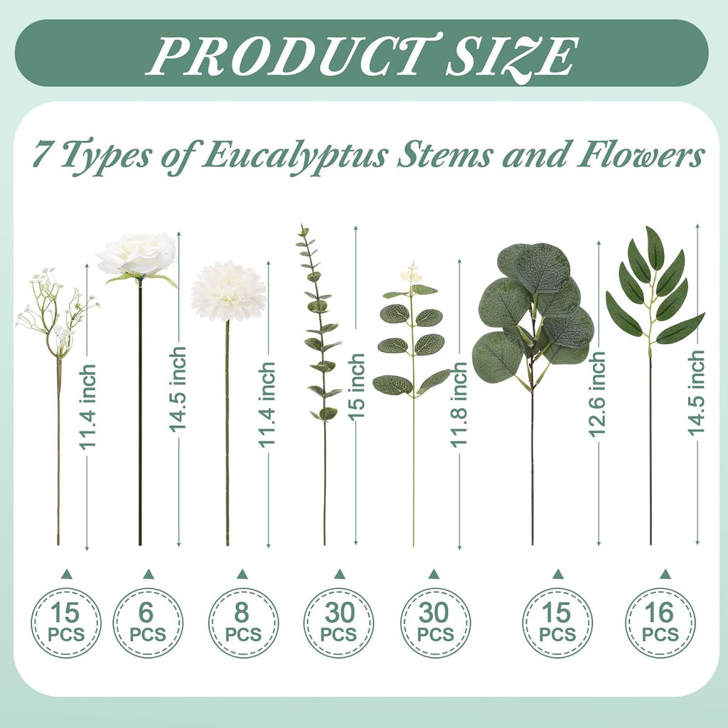 120 Pcs Green White Artificial Eucalyptus Stems and Faux Flowers, Mixed