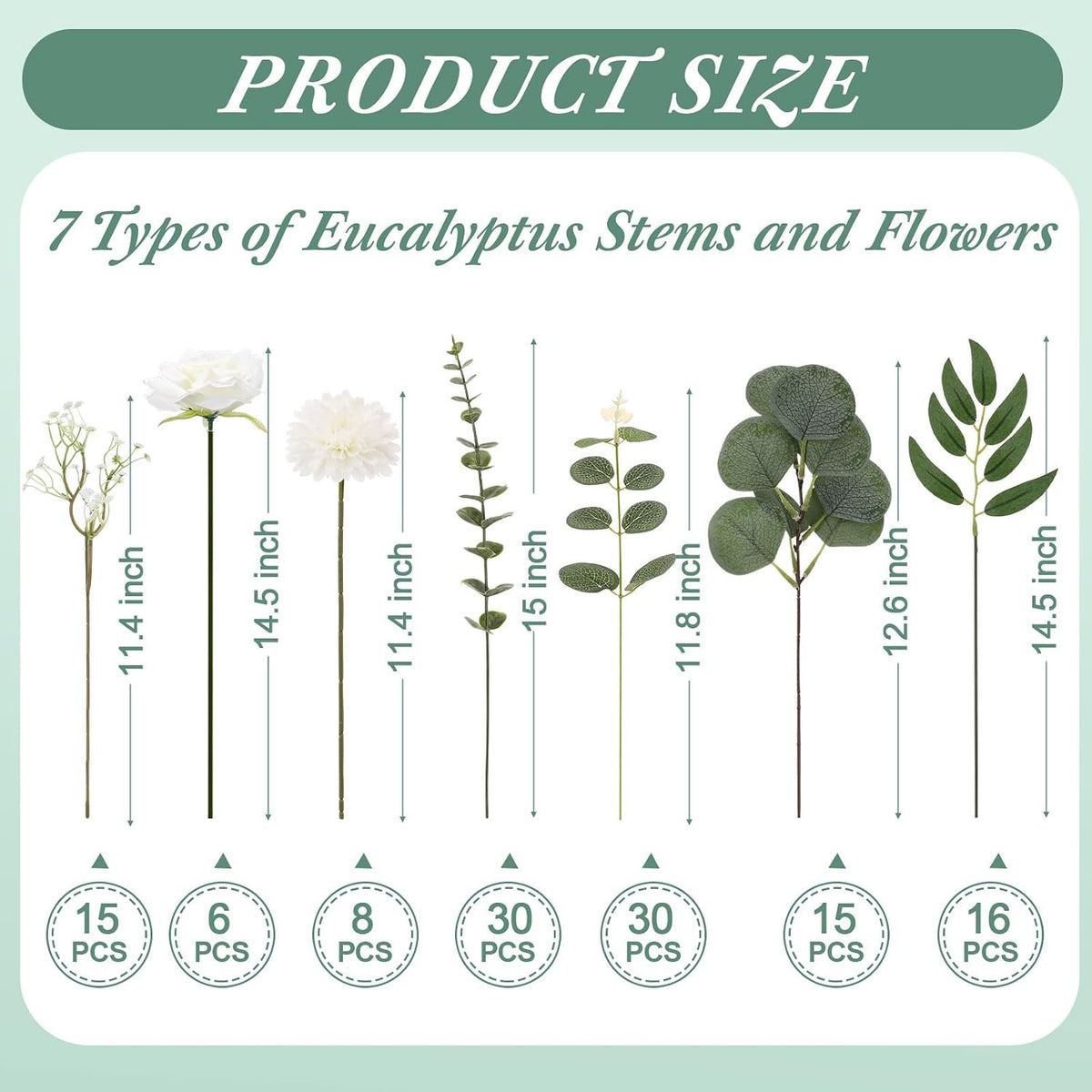 120 Pcs Green White Artificial Eucalyptus Stems and Faux Flowers, Mixed