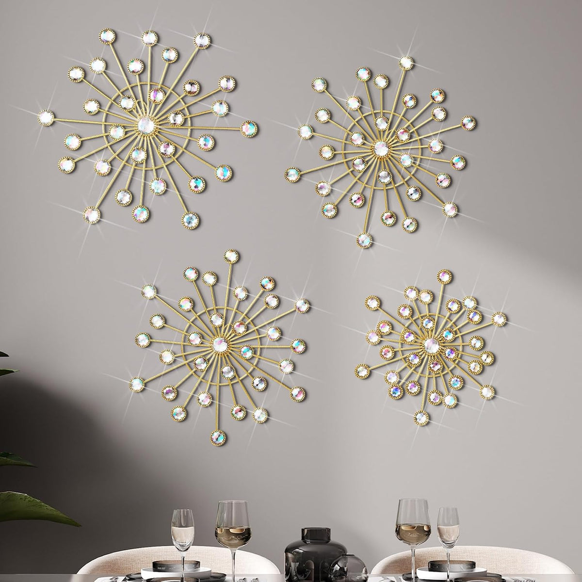 Blulu 4 Pcs Starburst Whimsy Wall Decor, Bling Metal Wall Art