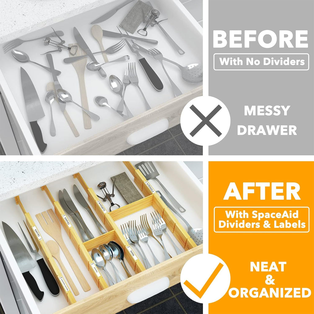 SpaceAid Bamboo Drawer Dividers with Inserts and Labels, 4 Dividers with 9 Inserts (17-22 in), Bag Storage Organizer (4 Pack)