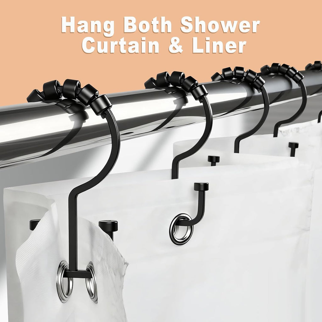 BBV Shower Curtain Hooks Rings, 12 Pcs Rust Resistant Metal Double Glide Shower Hooks for Bathroom Shower Rods Curtains(Black)