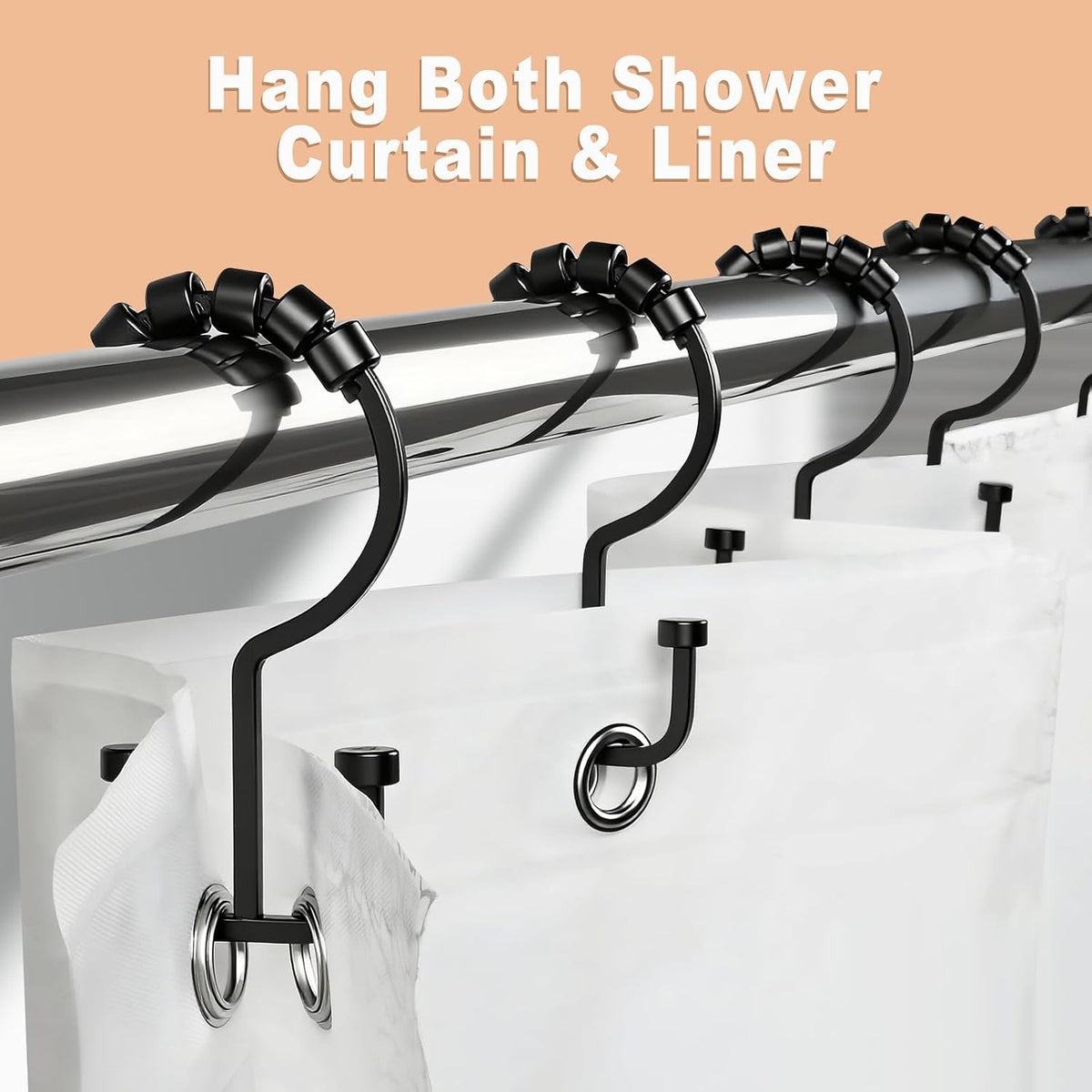 BBV Shower Curtain Hooks Rings, 12 Pcs Rust Resistant Metal Double Glide Shower Hooks for Bathroom Shower Rods Curtains(Black)