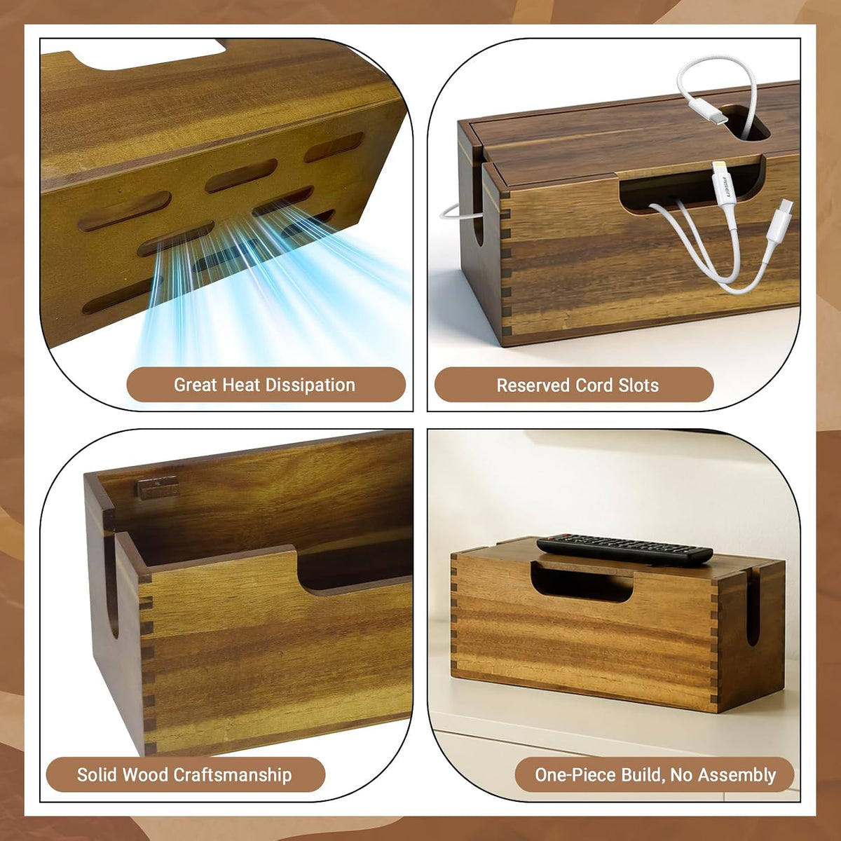 Wood Cable Management Box, Cord Hider Organizer for Power Strip
