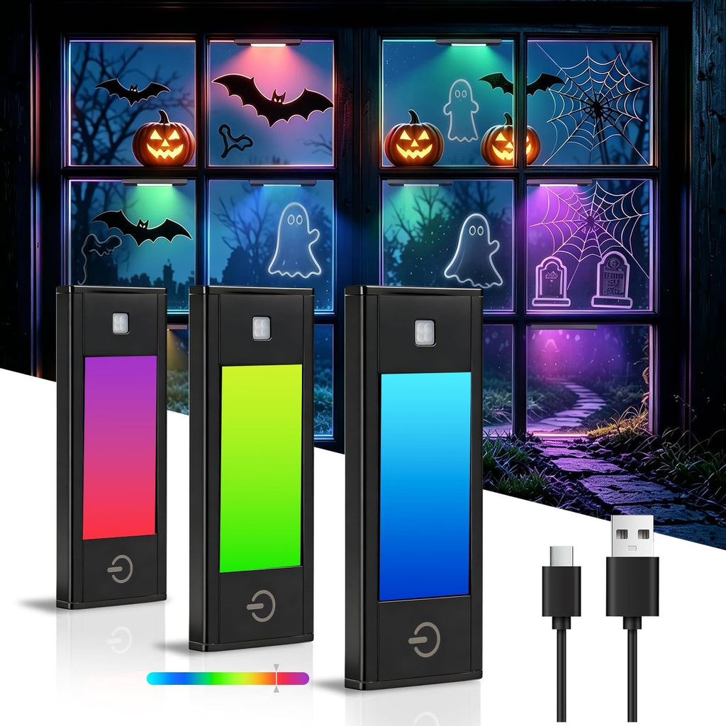 V4light Rechargeable Motion Sensor Night Light, 3-Pack Midnight Black, RGB-6 Halloween Edition — Ultra-Thin Painted Aluminum Alloy, Magnetic Mount, 6 Eerie Colors for Haunted Pathways, Spooky Decor