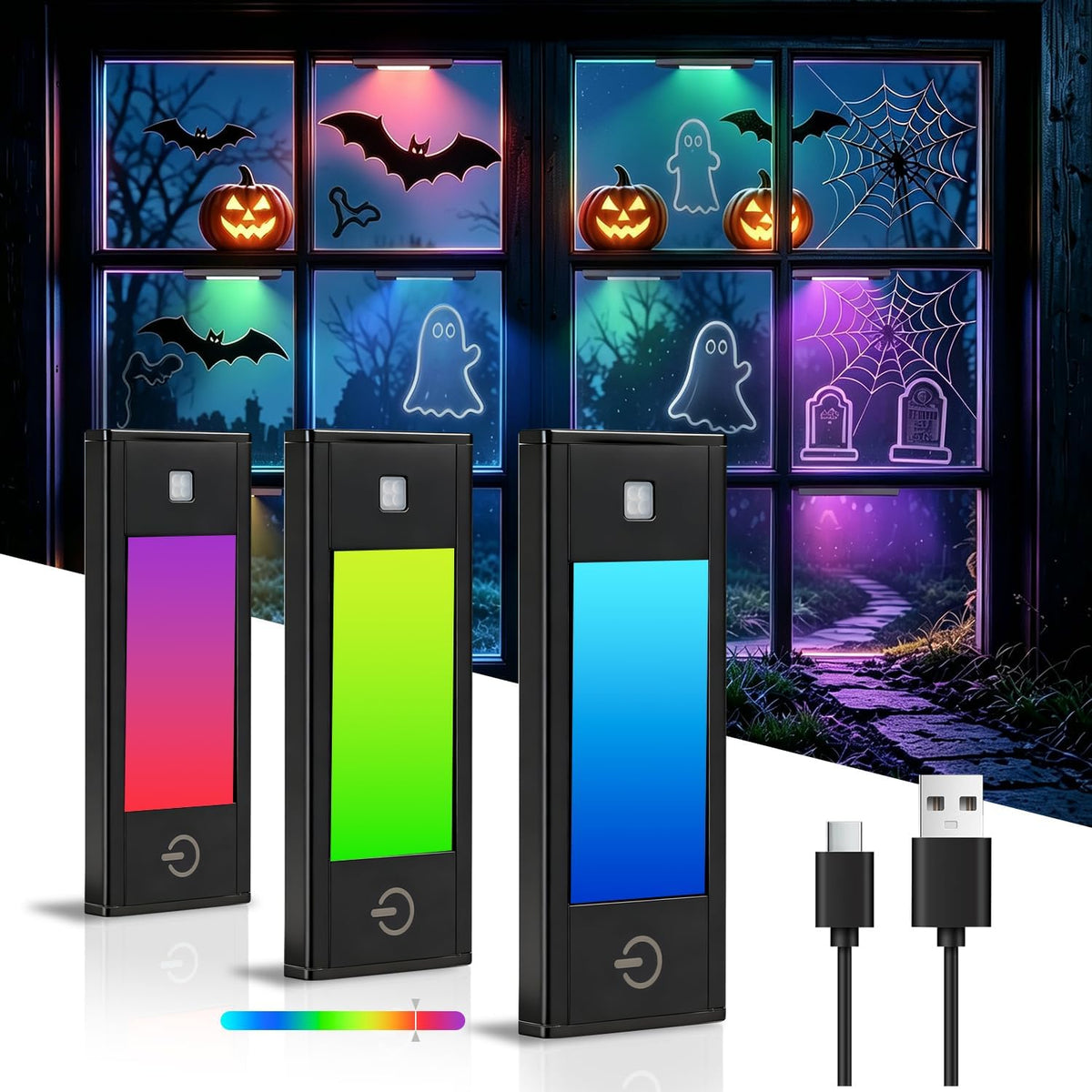 V4light Rechargeable Motion Sensor Night Light, 3-Pack Midnight Black, RGB-6 Halloween Edition — Ultra-Thin Painted Aluminum Alloy, Magnetic Mount, 6 Eerie Colors for Haunted Pathways, Spooky Decor