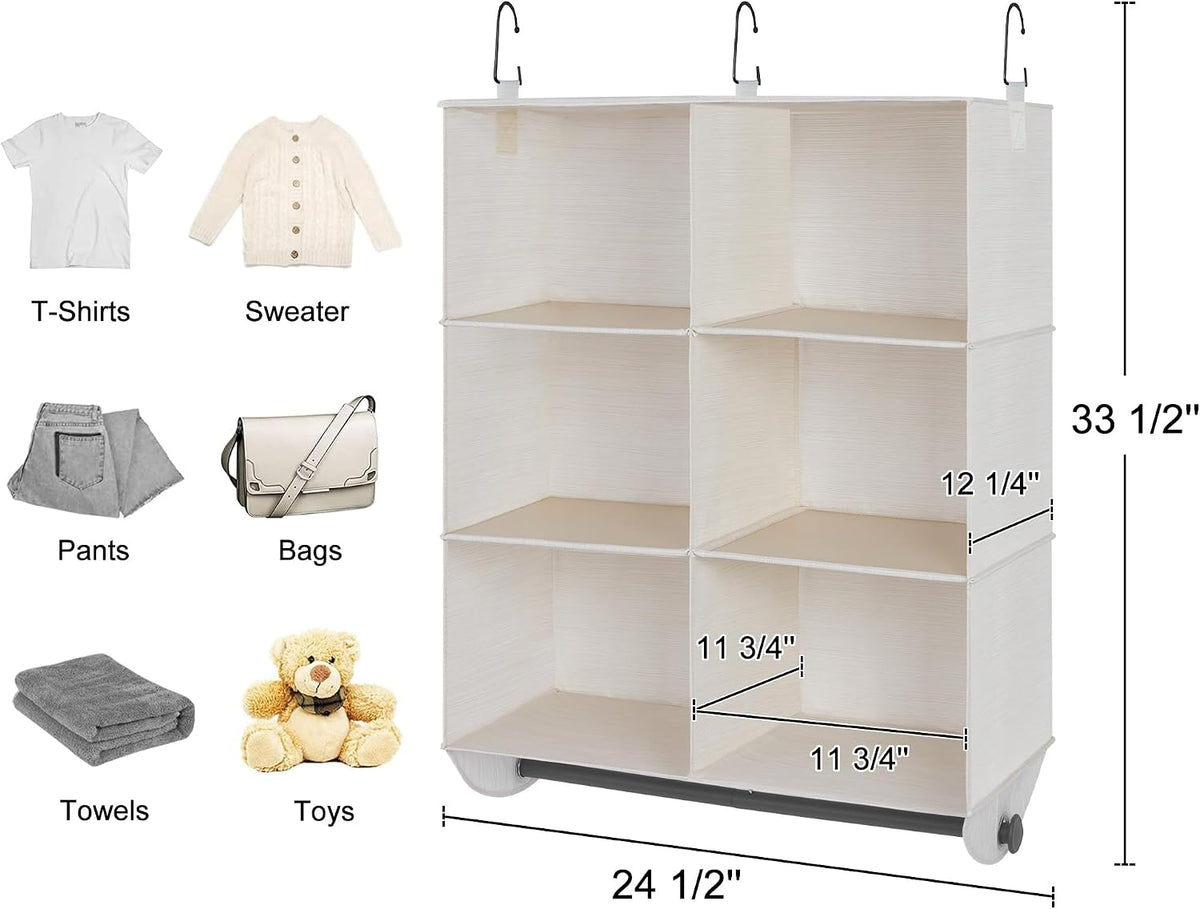 StorageWorks Hanging Closet Organizer with Rod, 6 Sections, 3 Tiers