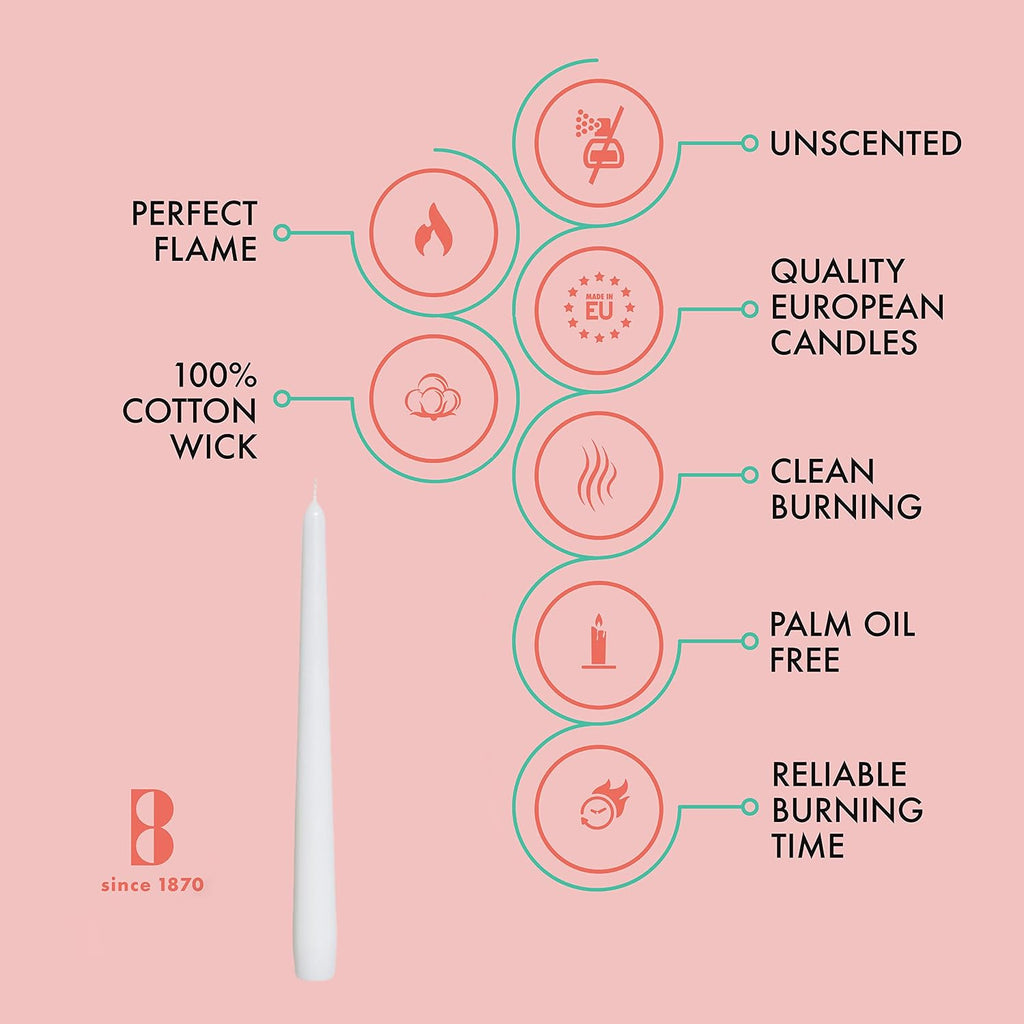 BOLSIUS White Taper Candles - 4 Pack Unscented 10 Inch Dinner Candle Set - 8 Hours Burn Time - Premium European Quality - Smokeless and Dripless Household, Wedding, Party, and Home Decor Candlesticks