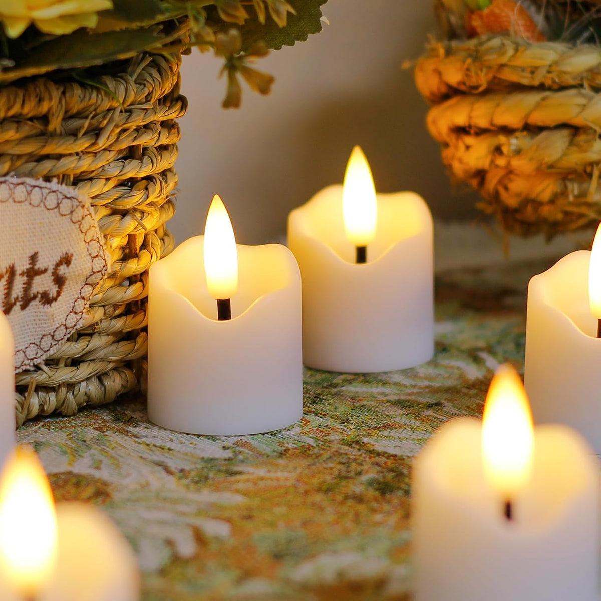 Rechargeable Flameless LED Remote 1.6" x2.3" Tea Light Candles,Flickering Fake Plastic White Cycle Timer 6 Pack Small Mini Votive Tealight Candles with Charging Cable