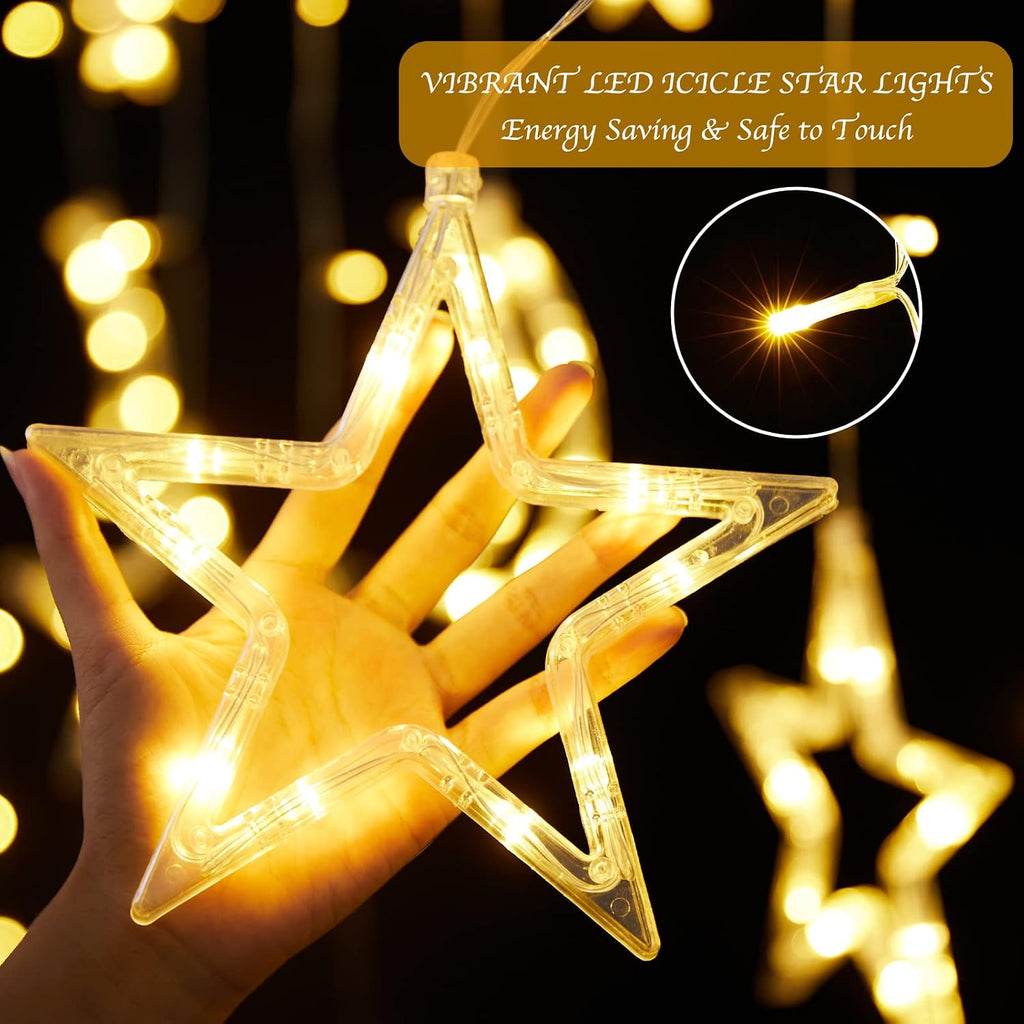 Christmas LED Curtain String Lights - 18FT 12 Drops 138 LED Star Moon Hanging Lights with Remote, 8 Modes, 6H Timer, Waterproof Connectable Window Lights for Indoor Outdoor Holiday Decorations