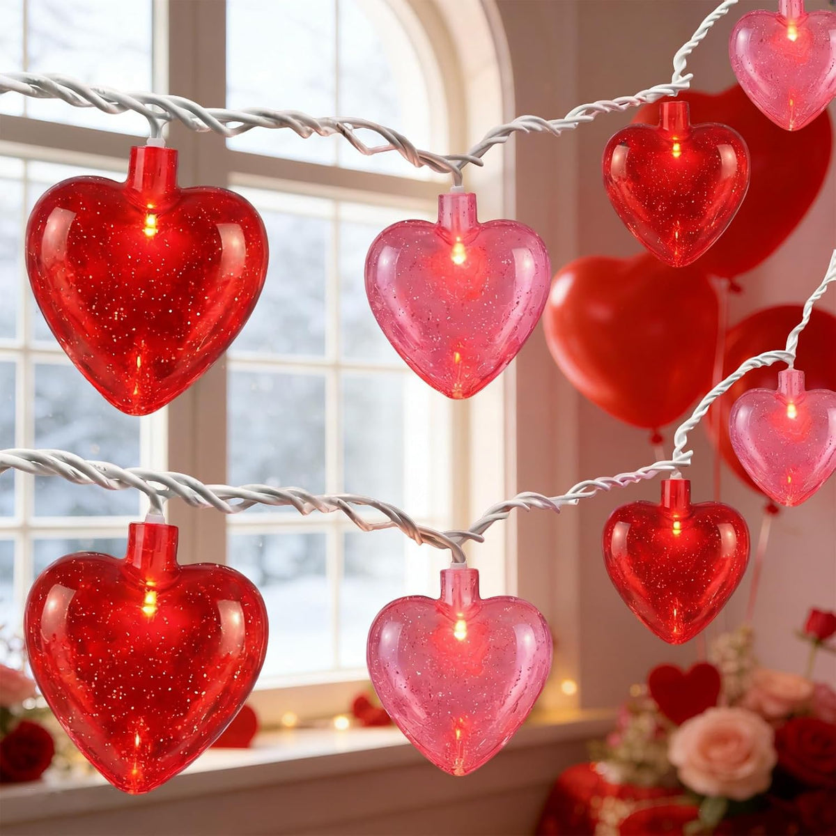 Oviejo Valentine Red & Pink Heart String Lights, 8.5FT Valentine's Day Decorations Lights with 10 Red Heart, Connectable Romantic Fairy Lights for Valentine, Wedding, Anniversary Party Decorations