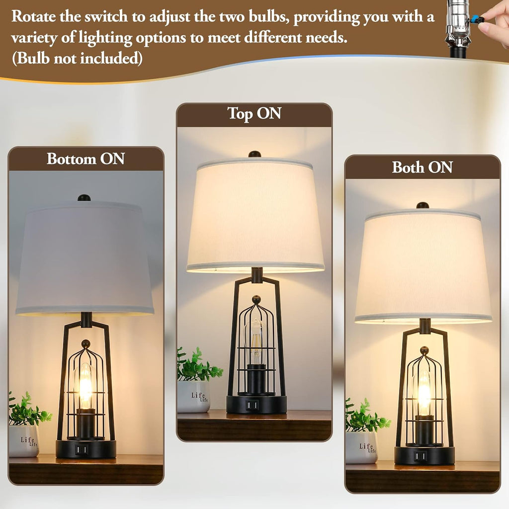 Farmhouse Table Lamps with 2 USB Ports, Set of 2 Rustic Industrial Desk Lamp for Living Room, 2-Light Black Bedside Lamp, Bedroom Nightstand Lamp with White Lampshade for House Decor, Reading