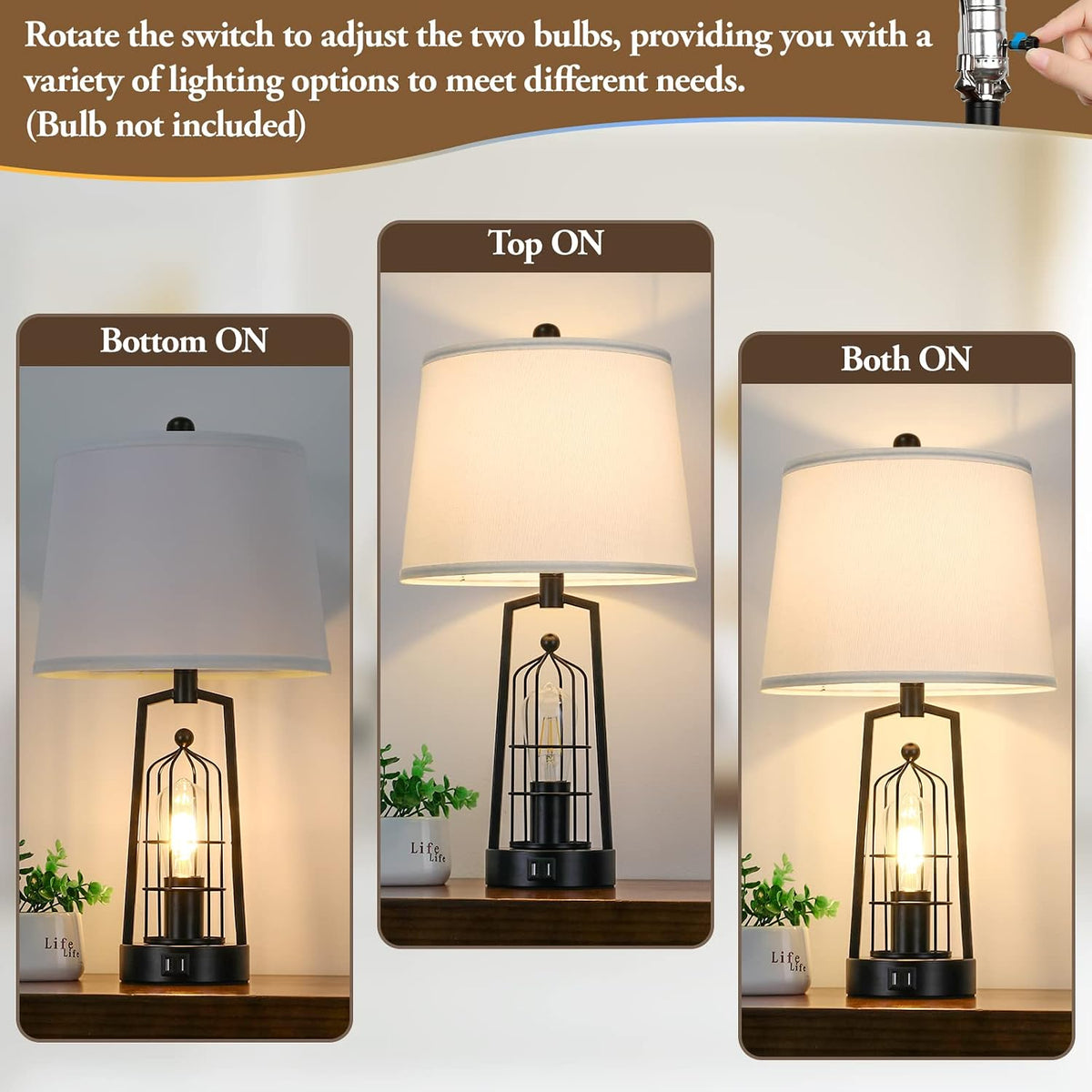 Farmhouse Table Lamps with 2 USB Ports, Set of 2 Rustic Industrial Desk Lamp for Living Room, 2-Light Black Bedside Lamp, Bedroom Nightstand Lamp with White Lampshade for House Decor, Reading