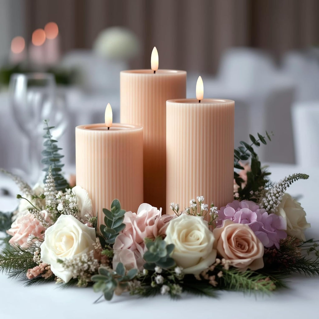 Fluted Ribbed LED Pillar Candles, Blush Beige, with Realistic Reflective Melted-Wax Effect – Flickering Flame, Remote, Dimmable, Flameless, Battery Operated, Home & Wedding Decor (Set of 3)