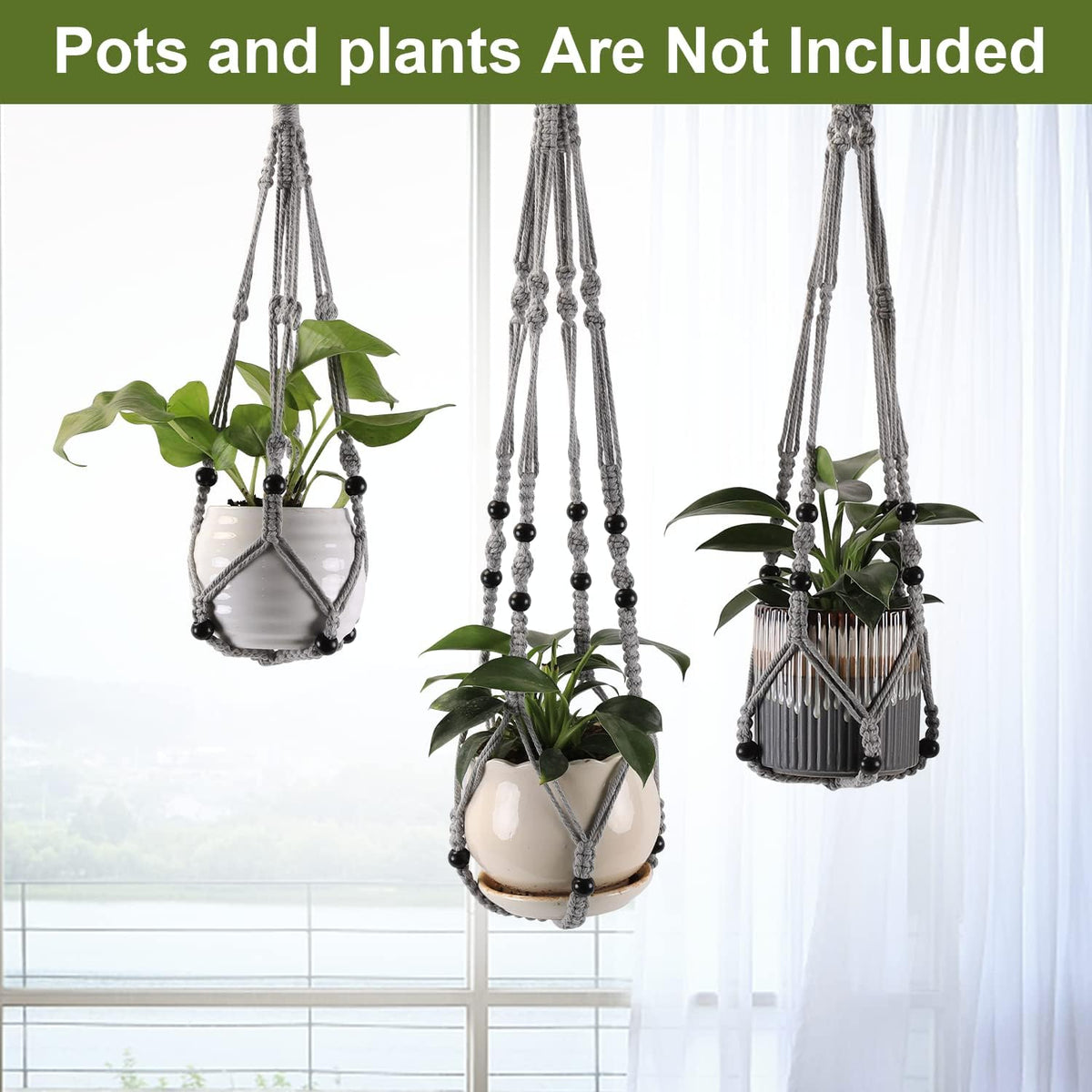 Macrame Plant Hangers with Beads for Indoor and Outdoor, 3 Pack