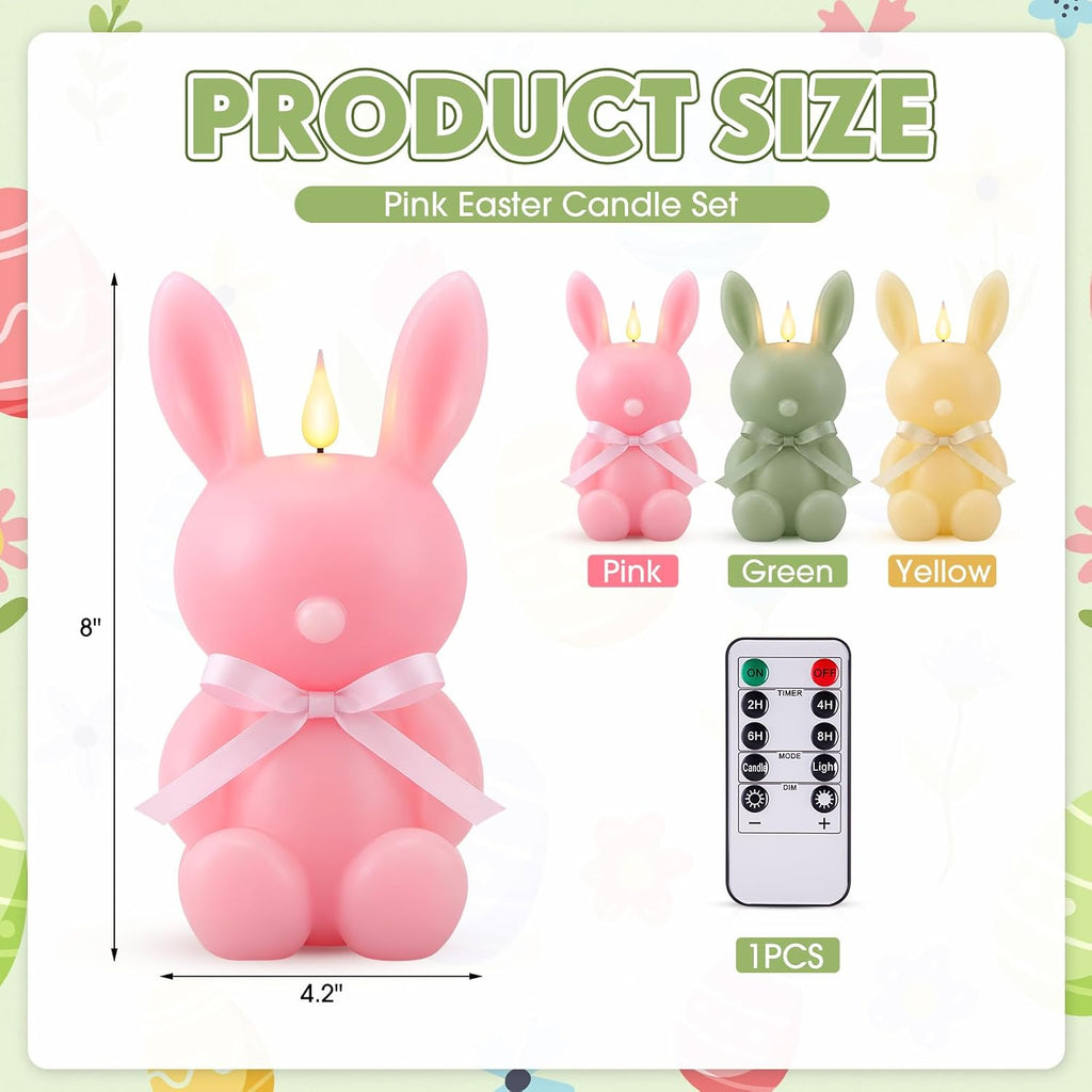 Baquler 3 Pcs Large Easter Bunny Led Flameless Candle 8 Inch Battery Operated Candles with Remote Real Wax Cute Rabbit Shape Candle with Bow 3D Flickering for Gift Home Party Decor (Yellow,Green,Pink)