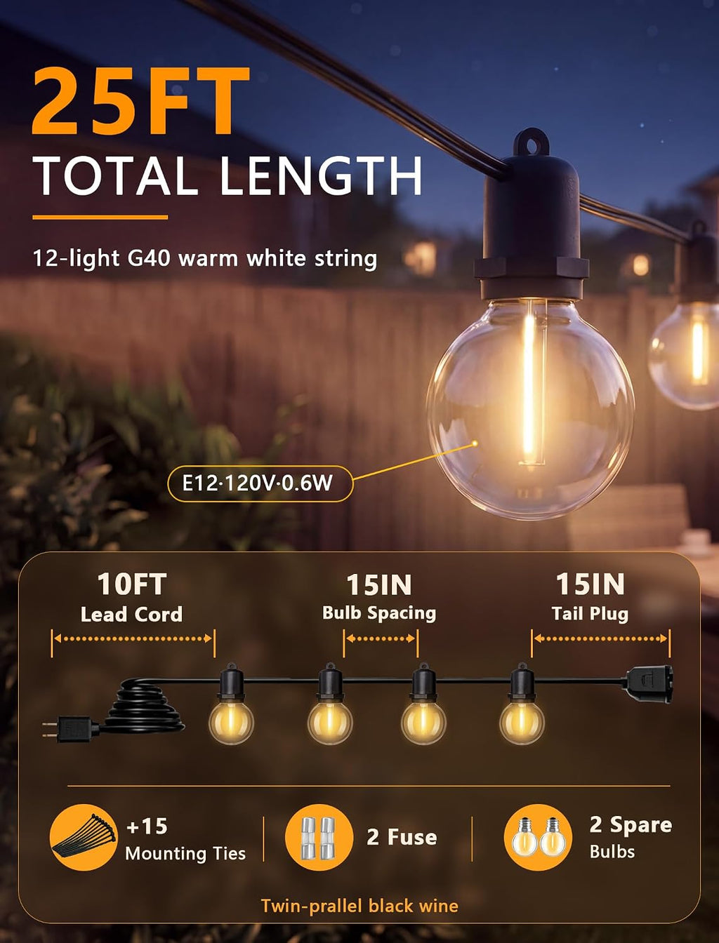 G40 LED Outdoor String Lights, 25FT, 12 Globe Bulbs, Black Wire