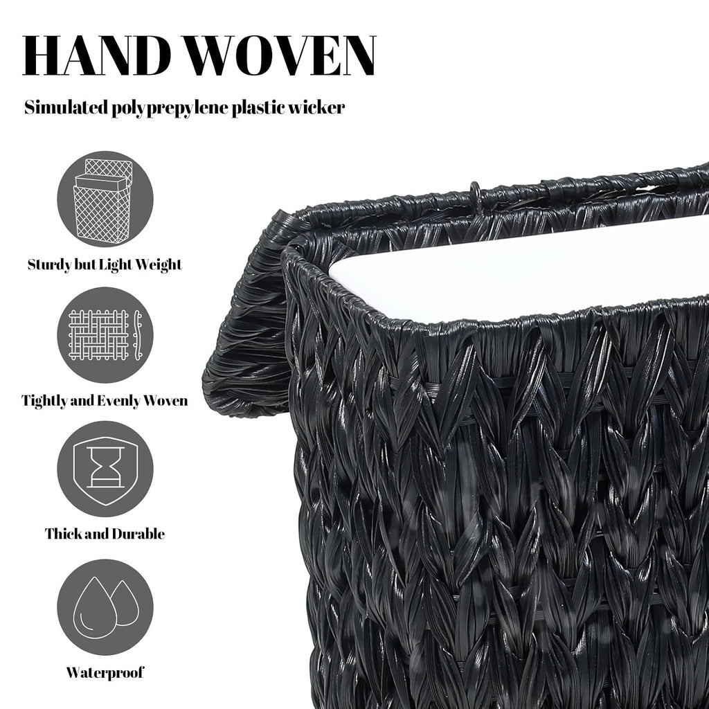 Wicker Trash Can with Lid & Liner, Small Bathroom Waste Basket, Black
