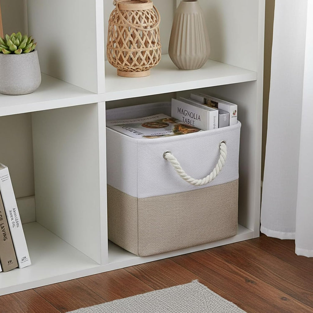 11 x 11 Inch Cube Storage Bins, 6 Pack Foldable Linen Organizer with Rope Handles for Home, Office, Closet, Clothes, Toys, White and Beige