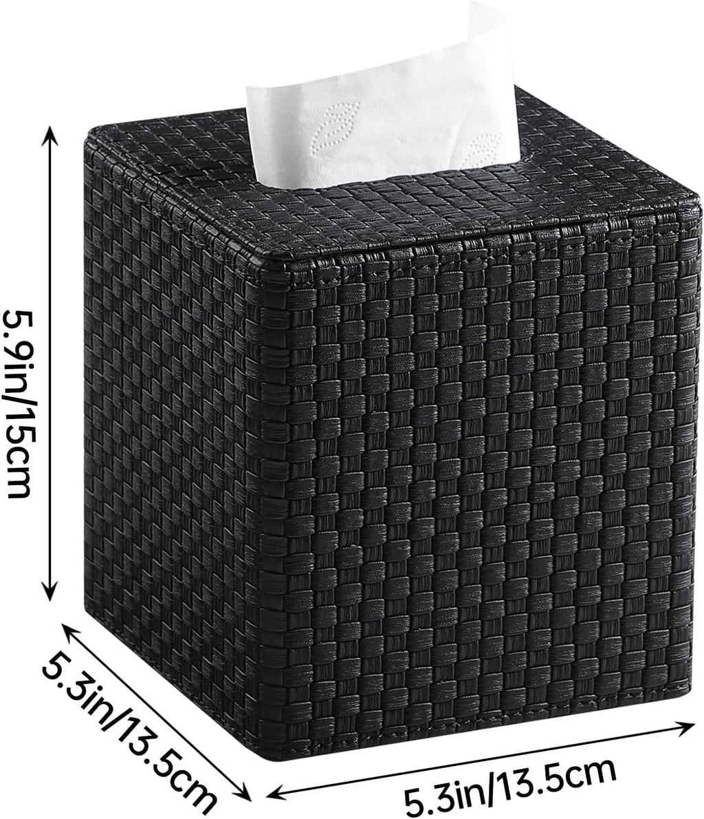 Square Tissue Box Cover, Stylish Leather Tissue Box Holder with Magnetic Bottom, Used As A Decorative Tissue Holder for Living Rooms, Bedrooms, and Desks(Black Woven Pattern)