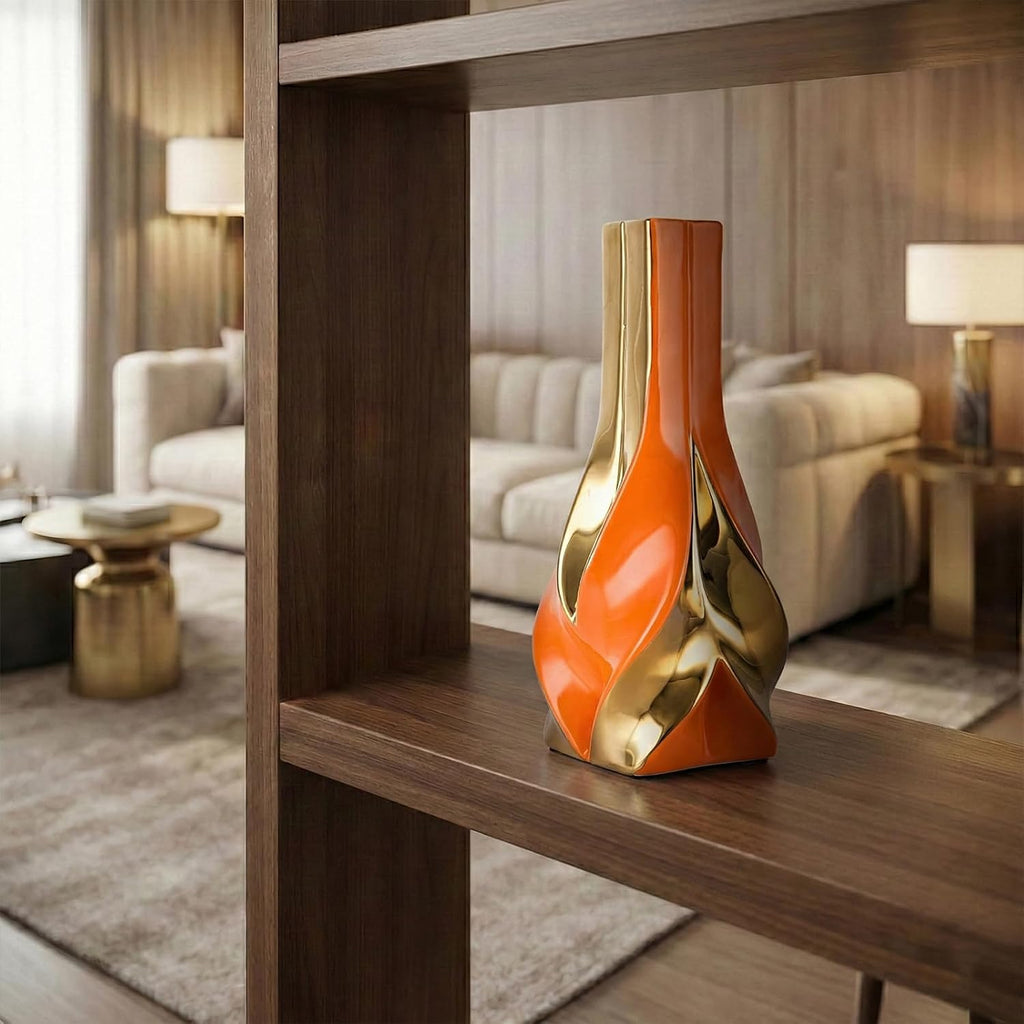 10.6" Orange and Gold Ceramic Vase, Modern Geometric Flower Vase for Dining Table Centerpiece, Elegant Decorative Vase for Pampas Grass, Living Room, Bedroom, Office, Tabletop Decoration