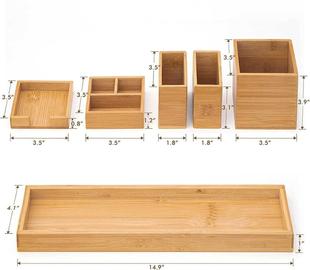 Bamboo Vanity Tray Set, 6-Piece Bathroom Organizer for Small Items