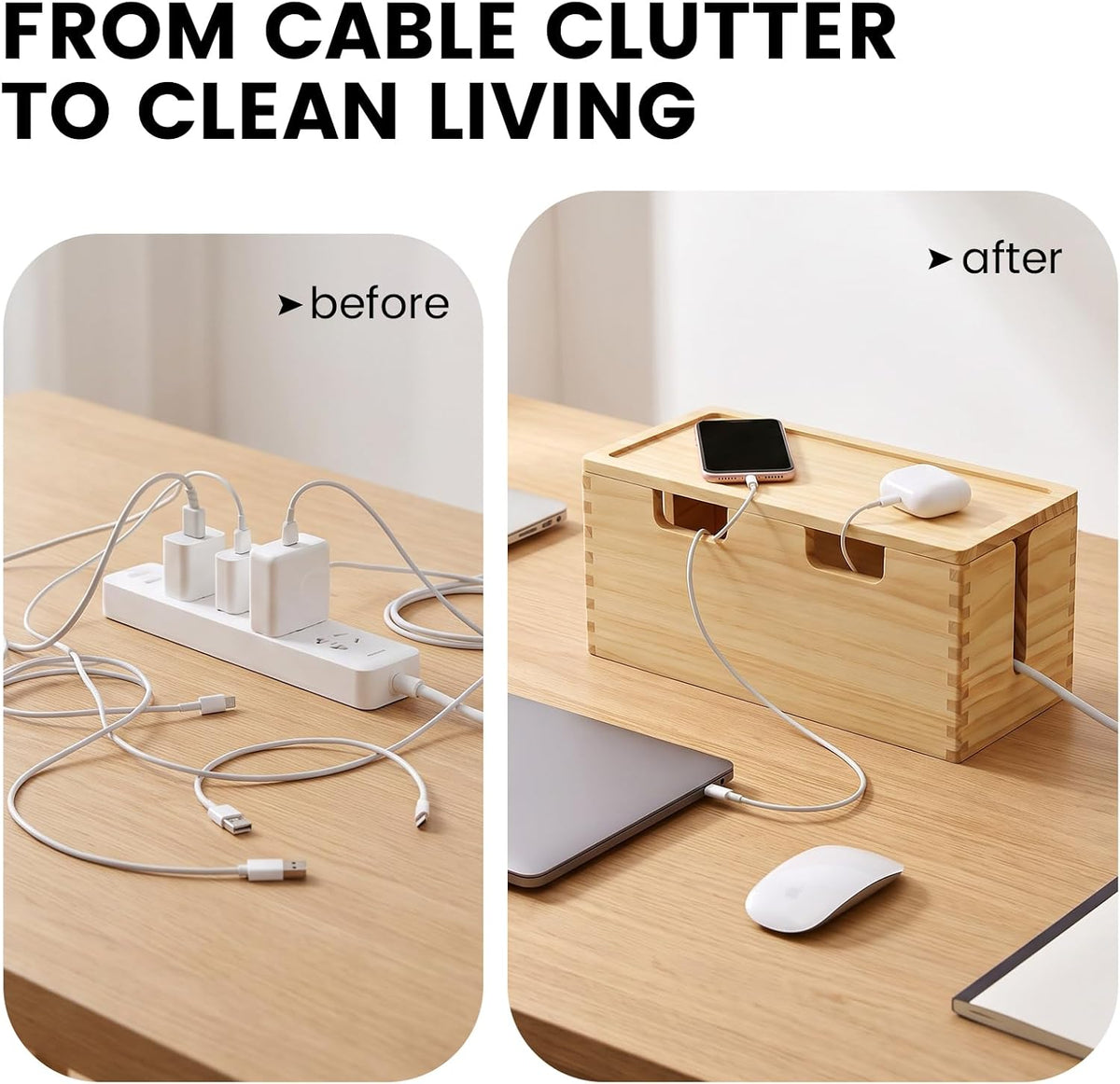 Large Wooden Cable Management Box with Magnetic Lid – Solid Wood Cord Organizer for Power Strip & Bulky Adapters, Tall Concealer for Desk & TV, Farmhouse Style Wire Hider Cover