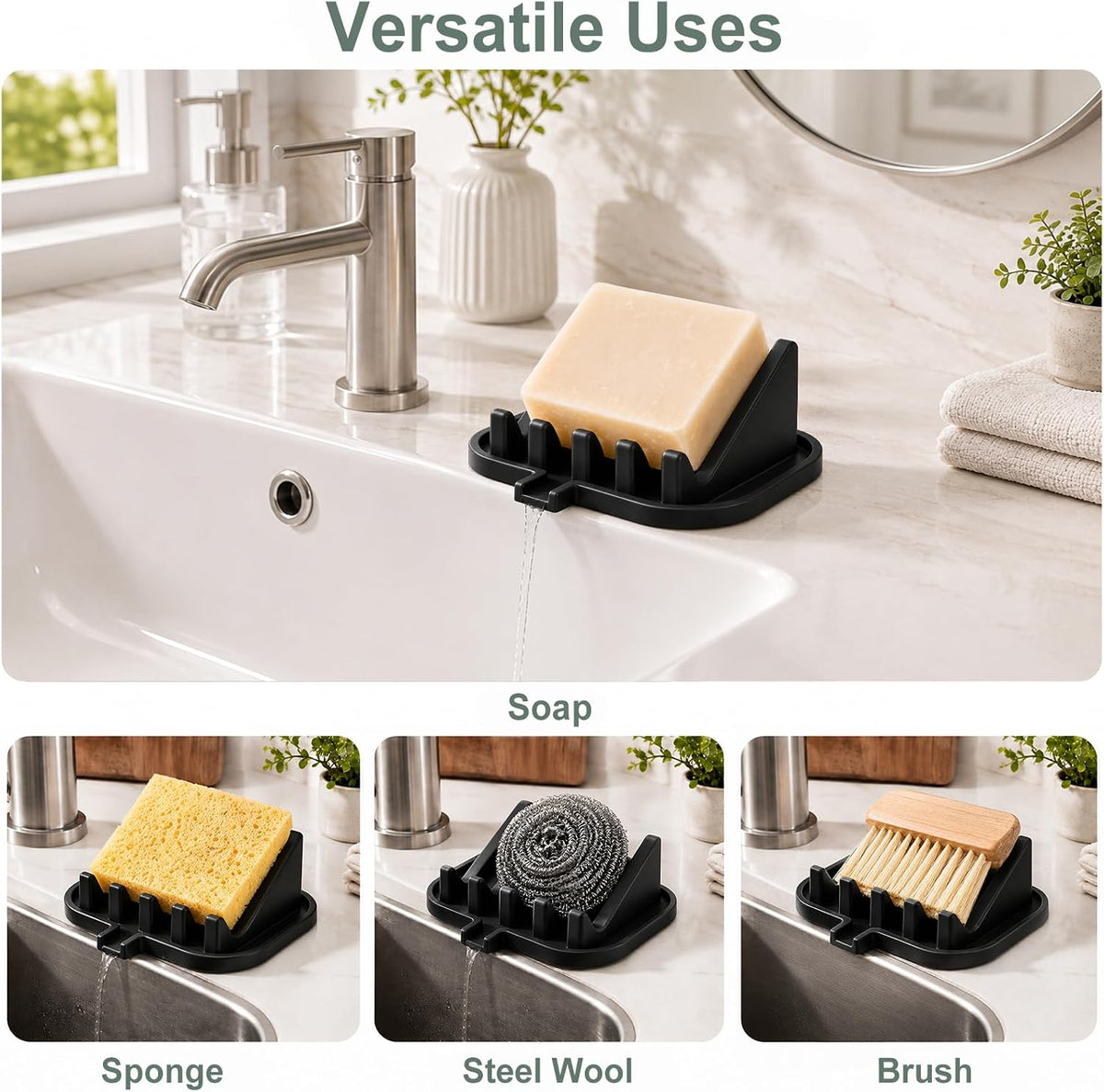 Silicone Soap Dish Holder for Shower with Self Draining (2, Black)